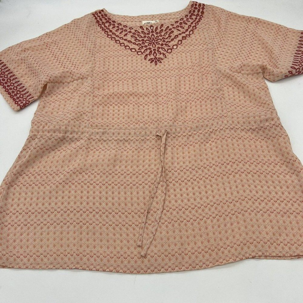 One September Pink Embroidered Tunic Top Laser Cut Outs Drawstring Boho Size XS